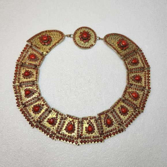 1930's Indian Hand-Crafted Collar with Coral Glass details - Picture 1 of 14